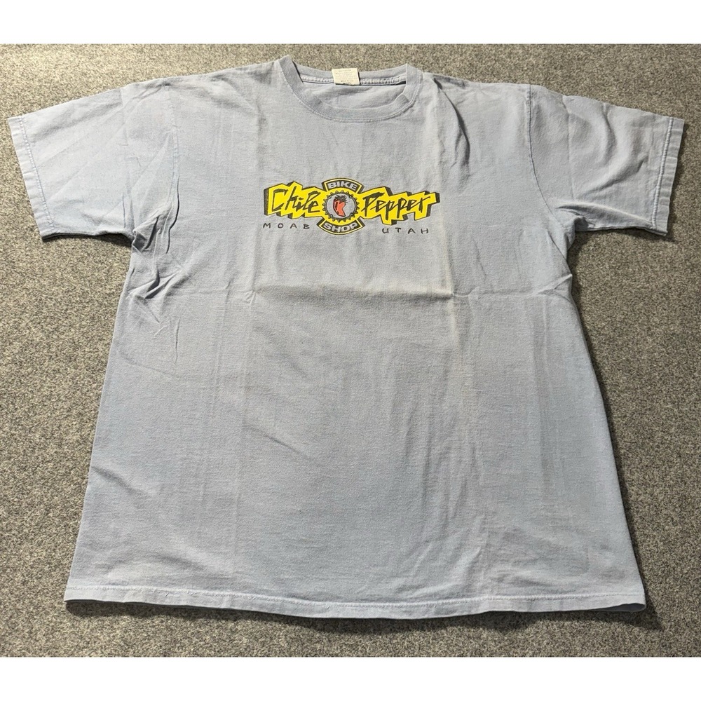Vintage Chile‎ Pepper Bike Shop Moab Shirt Large Men's Bicycle Utah Tee Blue 90s